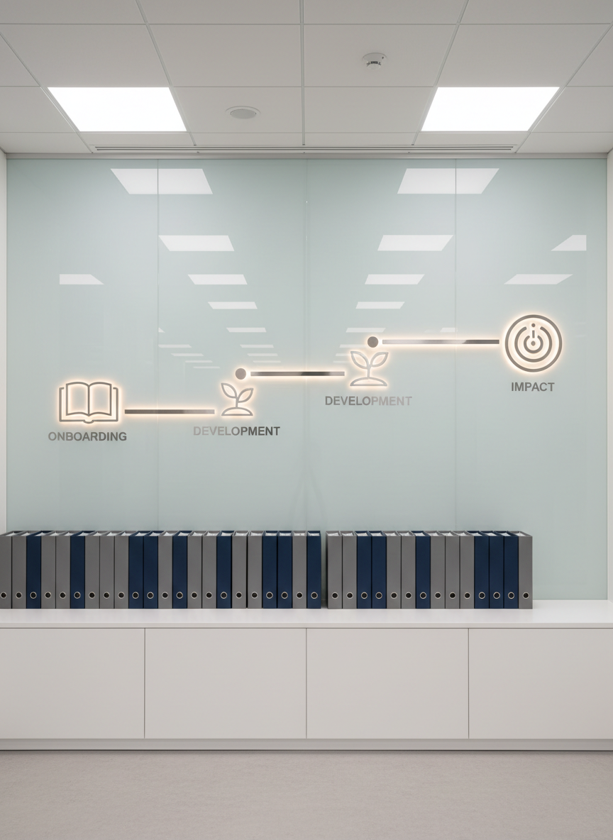 A large frosted glass wall in a modern educational center displaying an illuminated outline of a structured roadmap, with clearly defined milestones represented by sleek metallic icons and subtle engraved labels like “Onboarding,” “Development,” and “Impact.” At the base of the wall, an orderly row of closed gray and navy binders rests on a minimalist white credenza. Soft overhead LED lighting casts even, shadow-free illumination, causing the glass etching to glow gently. The mood is organized, forward-looking, and reassuring. Shot straight on with symmetrical composition and sharp focus throughout, emphasizing clarity and structure. Photographic realism with a clean, professional style that visually communicates program structure and key dates.