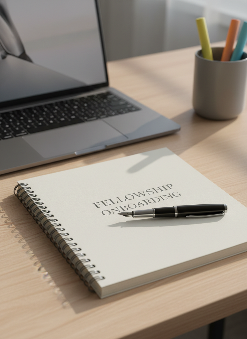A close-up of a neatly arranged onboarding workspace: a matte charcoal laptop partially open, a thick spiral-bound orientation guide labeled “Fellowship Onboarding” in understated silver lettering, and a smooth black fountain pen resting across the cover. Everything sits on a pale wood desk beside an understated gray ceramic cup holding a few highlighters. Soft morning light from an unseen window to the left creates delicate highlights on the pen clip and subtle shadows along the guide’s edges. The atmosphere feels focused, welcoming, and calm. Captured from a slightly elevated angle with shallow depth of field, keeping the guide’s title in sharp focus while the surroundings blur gently. Photographic realism with a minimalist, professional tone ideal for onboarding resources.