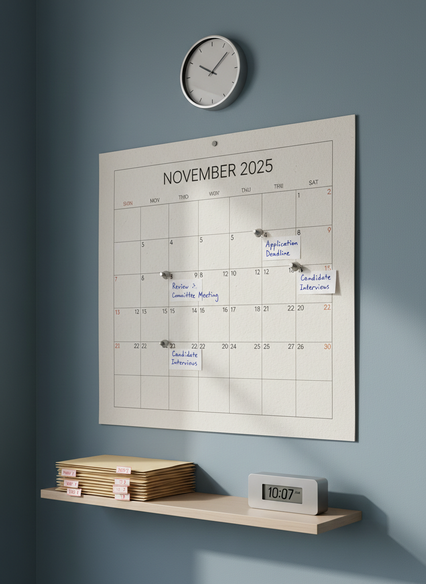 A large wall calendar printed on thick, textured white paper, pinned to a muted slate-blue wall in a quiet office corner. Key fellowship dates are marked with small metallic gray flags and precise handwritten notes, while a slim silver clock above the calendar shows just past the hour. A narrow floating shelf below holds a tidy stack of date-stamped folders and a small, sleek, brushed-steel desk clock. Soft, indirect daylight from the right produces gentle, directional shadows that add depth without clutter. The mood is orderly, time-conscious, and supportive. Shot at a three-quarter angle with moderate depth of field, keeping the marked dates and flags clearly legible. Photographic realism with a clean, organized aesthetic for key dates and deadlines.