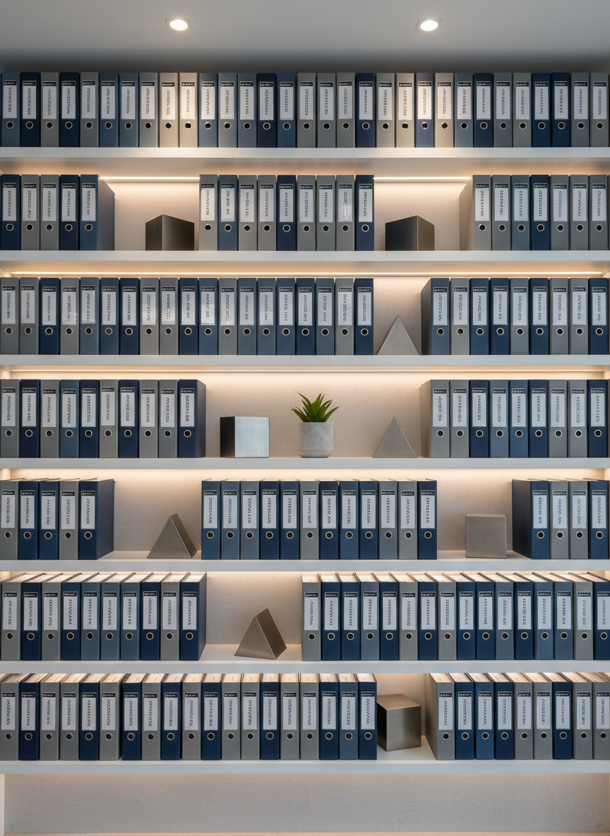 A curated resource library wall featuring evenly spaced floating shelves in matte white, each holding carefully arranged gray and navy binders with simple spine labels like “Leadership Tools,” “Communication,” and “Well-being.” Interspersed among the binders are a few minimalist geometric bookends in brushed metal and a single small, healthy green plant in a matte concrete pot. Soft, diffused overhead lighting and subtle under-shelf LEDs create a warm yet professional glow, casting faint linear shadows down the wall. The atmosphere is supportive, abundant, and thoughtfully organized. Captured with a straight-on, wide-angle composition and sharp focus throughout, emphasizing structure and clarity. Photographic realism with a modern, institutional-yet-inviting style, perfect for a resources hub.